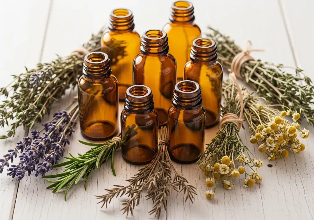 Amber bottles and dried botanicals used in herbal medicine