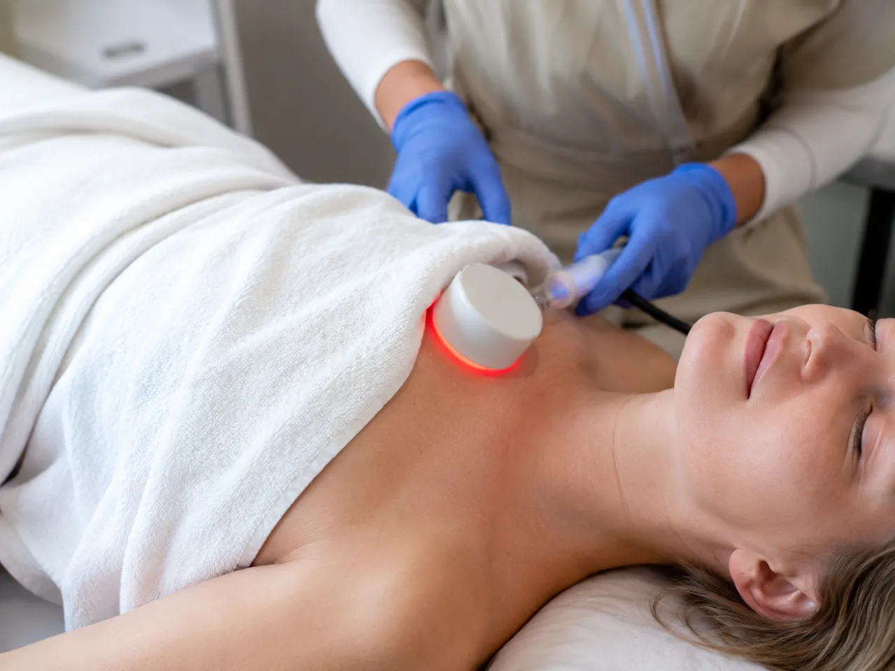 Lymphatic enhancement therapy applied near a patient's neck and chest at the Gold Coast clinic