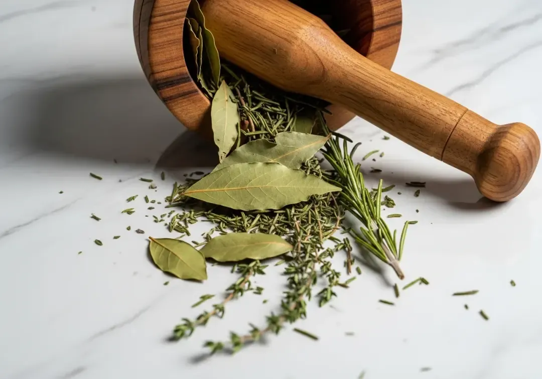 Mortar and pestle with herbs used in naturopathic preparations