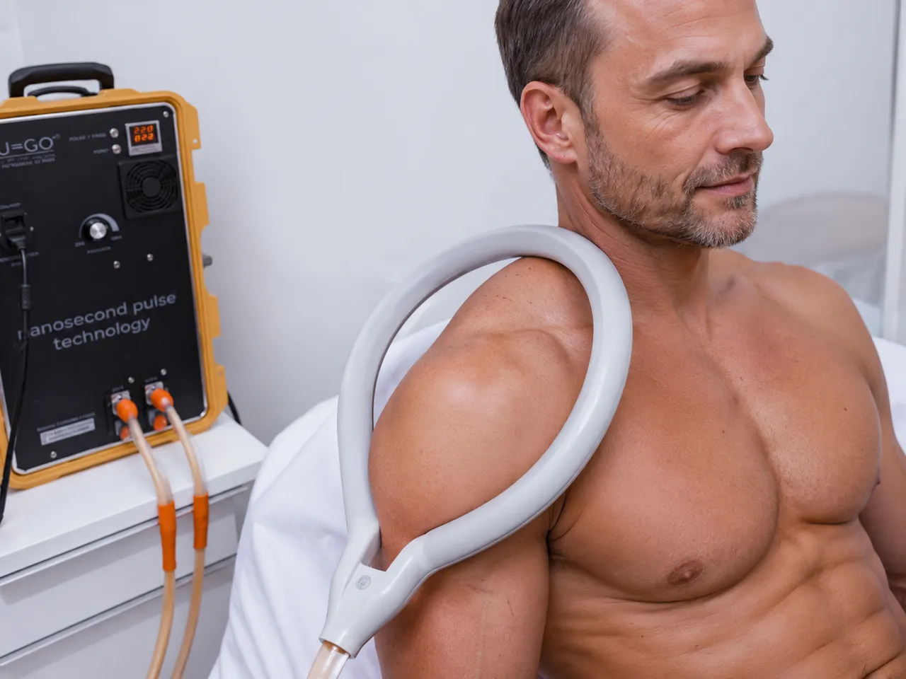 PEMF therapy coil applied to a patient's shoulder