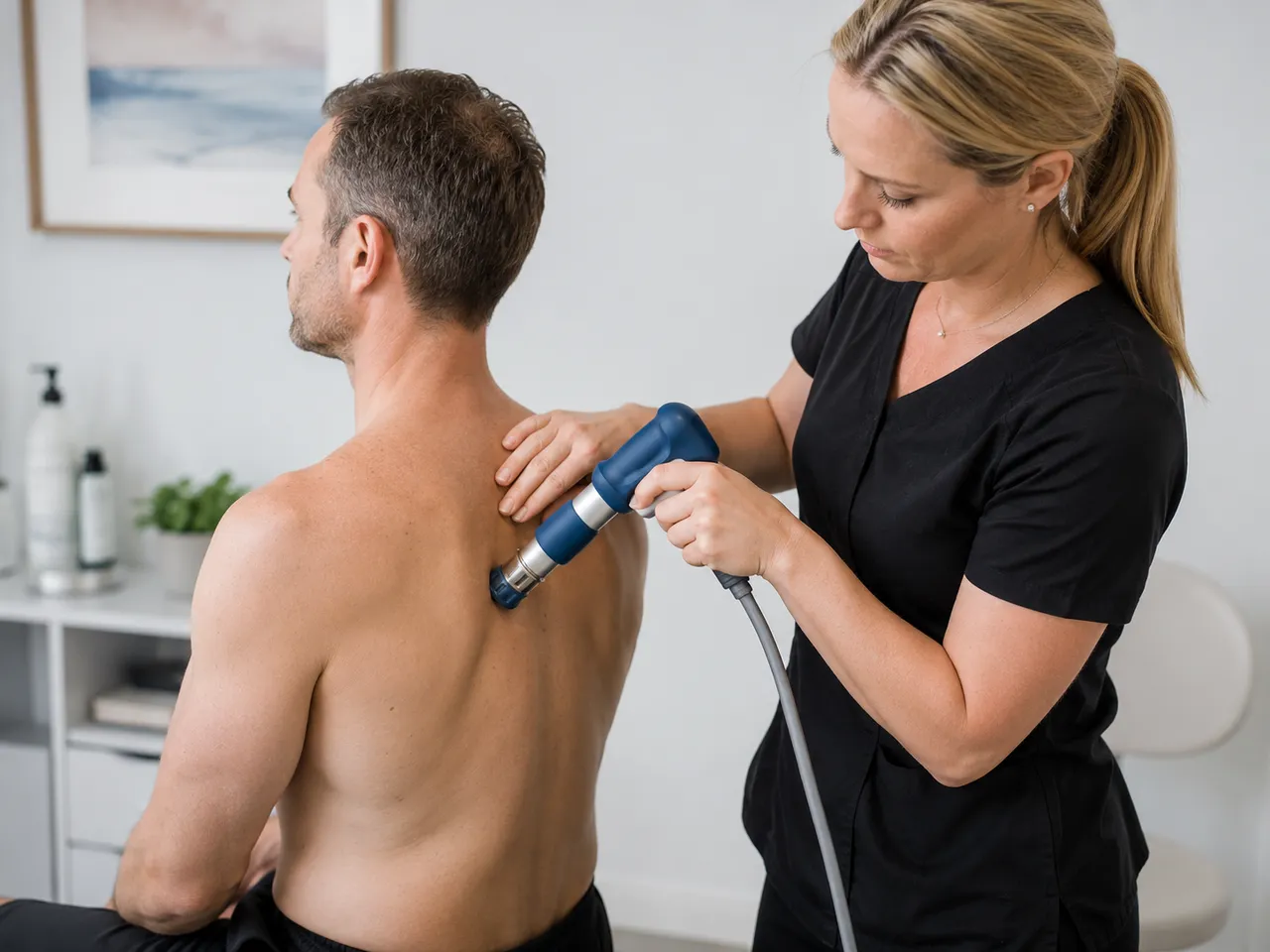 Practitioner applying shockwave therapy to a patient's shoulder and back