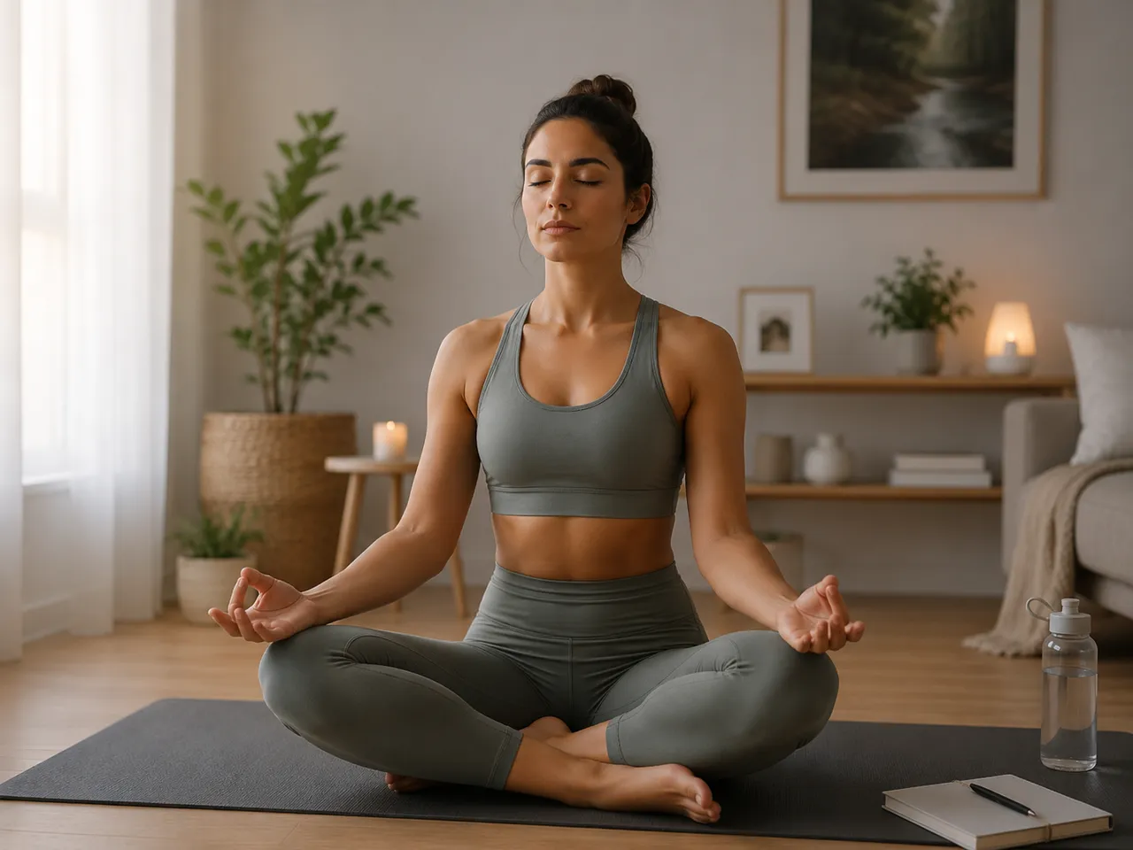 Woman practising calm breathing and relaxation at home
