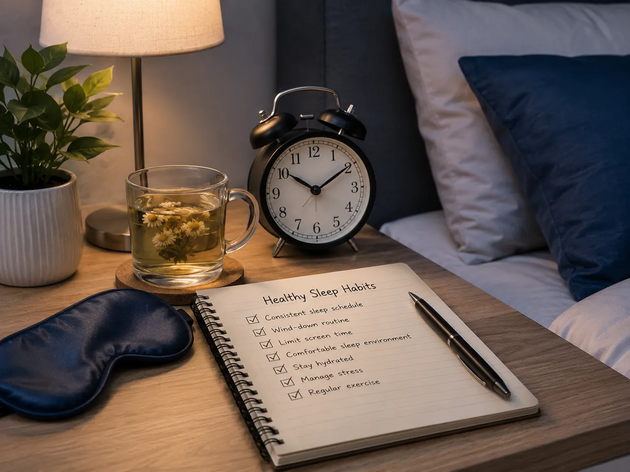 Calm bedside setting with a sleep habits checklist and clock
