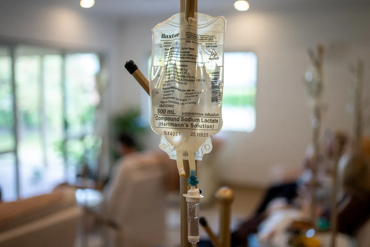 Vitamin IV drip bag in the therapy lounge at the Gold Coast clinic