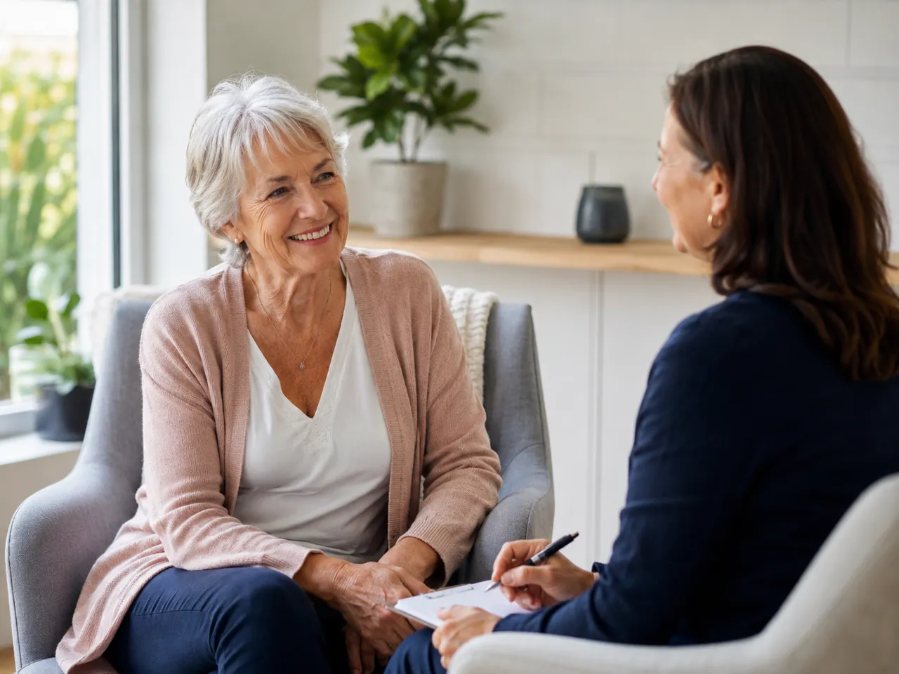 Woman speaking with a practitioner during a consultation